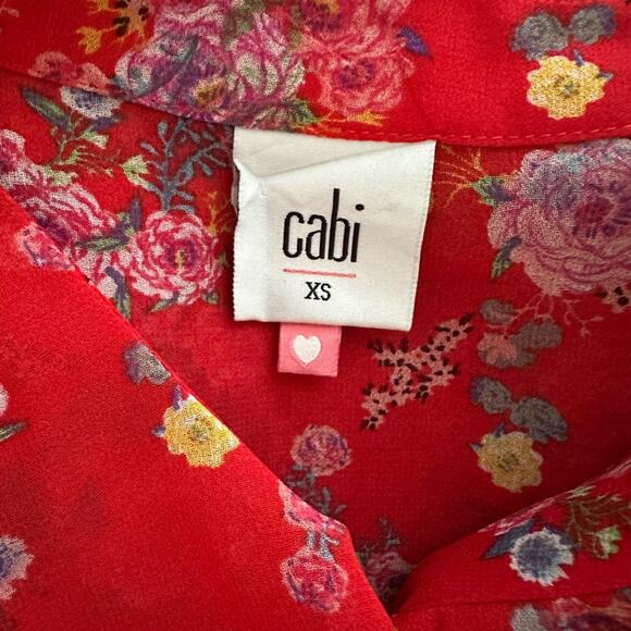 CAbi Red Floral Chiffon Sheer Ruffle Tank Top Fall Office Preppy Sleeveless - Picture 5 of 6